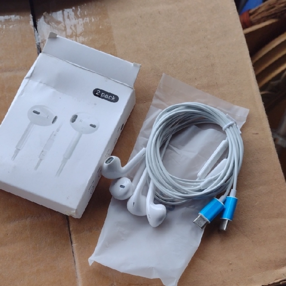 White Wired Earbuds(2 Pairs )with Blue Connectors